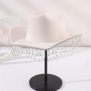 Trendy Rhinestone Fringed White Cowboy Hat OS New